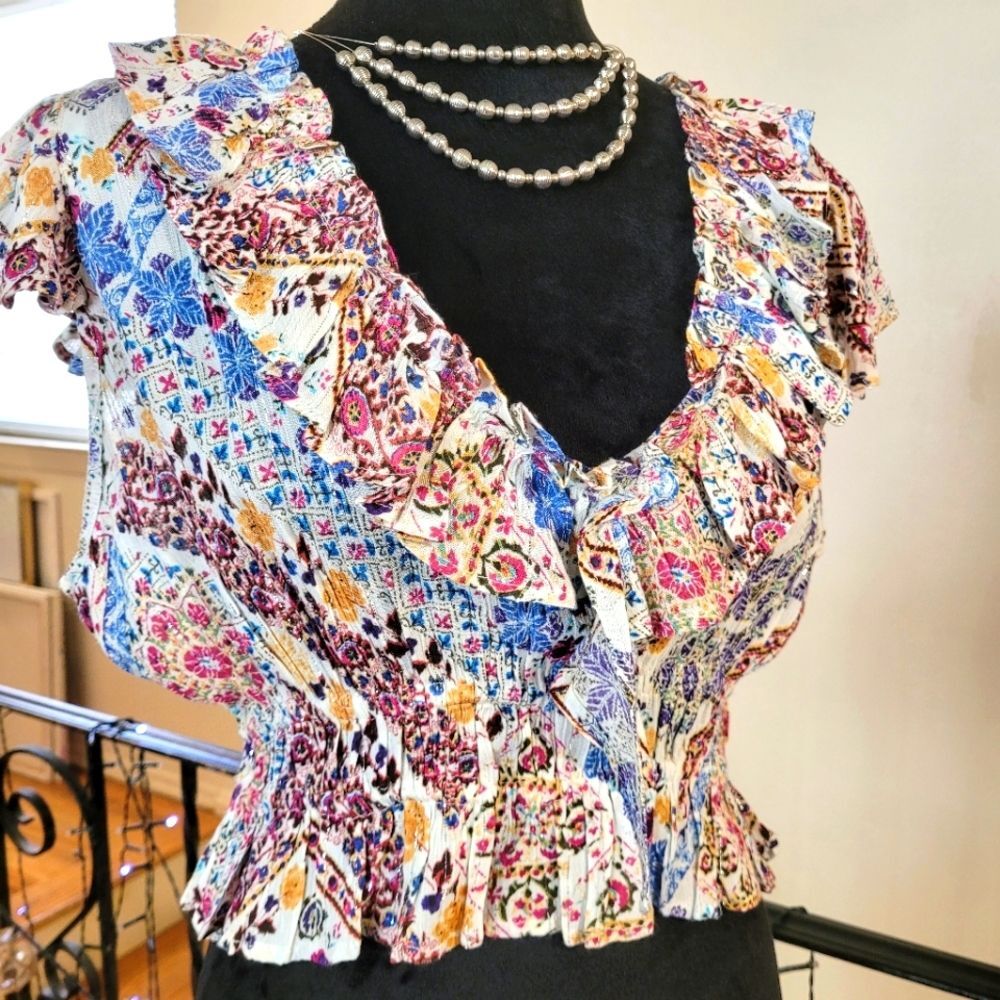 Nwt RAGA Multicolor Short Sleeve Ruffle Top Size Medium - Picture 11 of 16